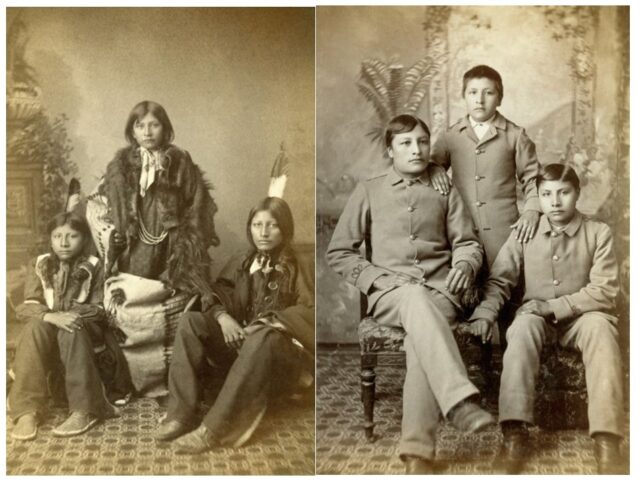 Side by side photos of three Native American children a different times