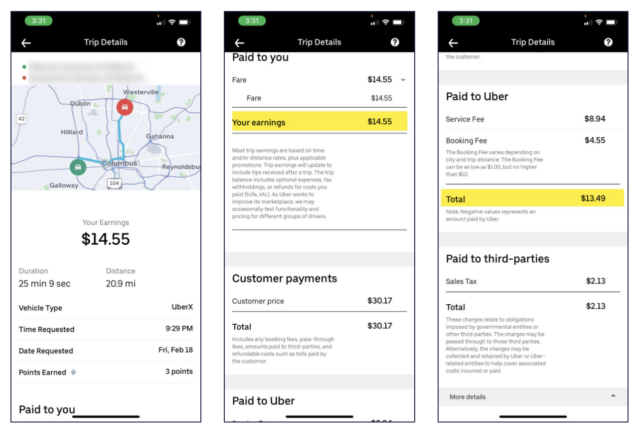Screenshot of an Uber trip that shows $14.55 in driver earnings, $30.17 paid by the customer, and $13.49 paid to Uber. 