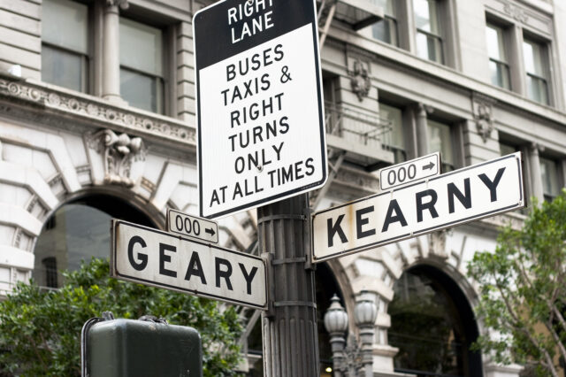 An image of a sign for Kearny Street, where the first commercial bail bonds operation was established in the 1890’s.