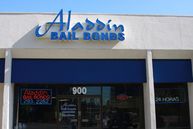 An image of an an Aladdin Bail Bonds storefront. The private equity firm Endeavor owns a controlling share in Aladdin and also in Seaview, the surety company that underwrites Aladdin’s bonds.