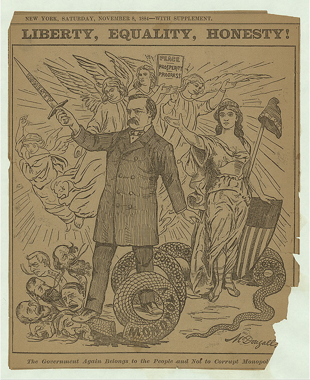 Cartoon of Grover Cleveland standing on top of decapitated many-headed snake - sword raised after chopping off that head, with angels floating above in background holding sign "Peace, Prosperity, and Progress" in background" i 