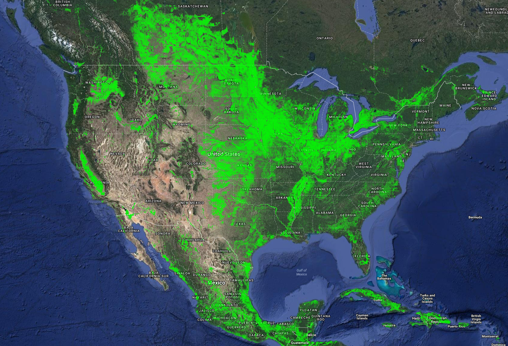 A map of American cropland, courtesy of USGS. Cropland is illustrated in bright green over a satellite map North America.