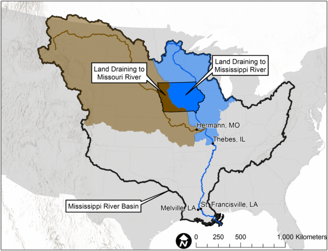 Graphic showing a map of the united states, with the Mississippi and Missouri River Watersheds highlighted, and the state of Iowa outlined within.