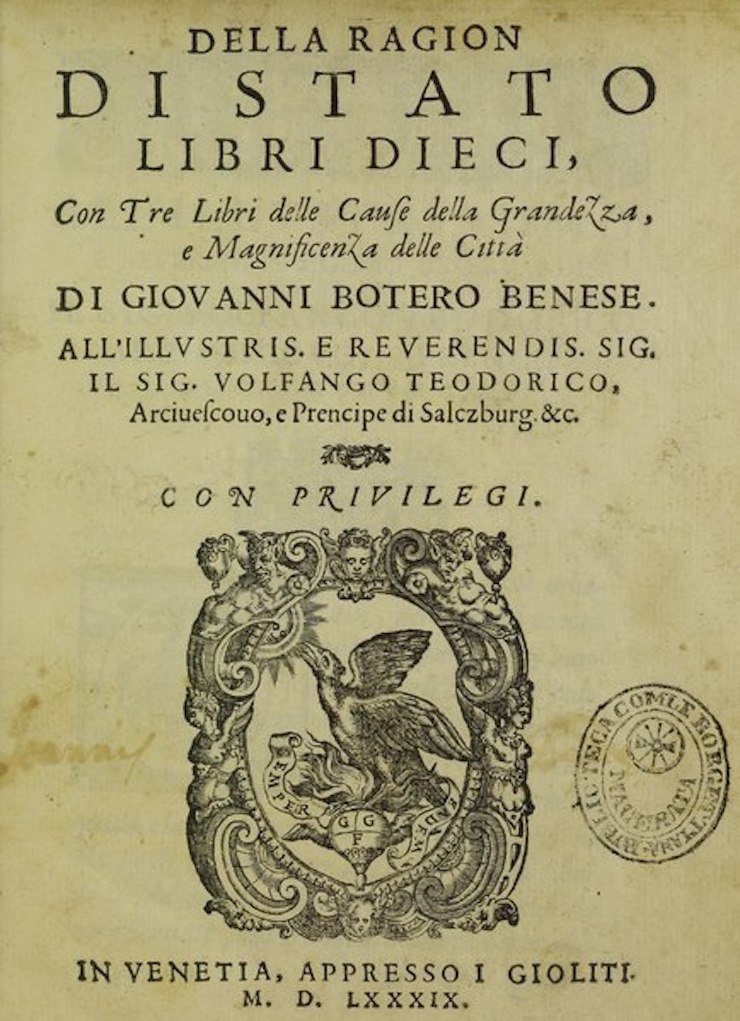 Cover of Giovanni Botero’s book Della Ragion di Stato