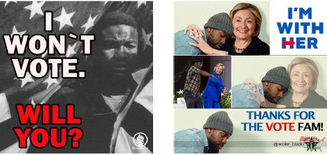 One image has a Black man surrounded by the American flag, with the words “I WON’T VOTE. WILL YOU?”, the other has an image of a Black man and Hillary Clinton hugging with the words “I’M WITH HER” in the style of Hillary Clintons’ campaign materials. The next panel has Hillary growing more transparent, while the Black man remains solid. An adjacent panel has Hillary Clinton and a Black man dancing together. In the final panel, the Black man is alone, and the text reads “THANKS FOR THE VOTE FAM!,” implying that Hillary Clinton would disappear after receiving a Black person’s vote. In both images there are logos for IRA-controlled meme pages.