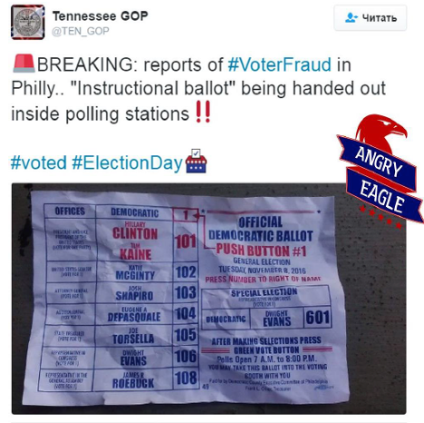 A Twitter screenshot with text “BREAKING: Reports of #VoterFraud in Philly.. “Instructional ballot” being handed out inside polling stations!! #voted #ElectionDay” The image attached is a wrinkled form with instructions on how to vote for Democratic candidates exclusively. Screenshot has a meme with a stylized logo of an eagle, and the words ANGRY EAGLE, an IRA-affiliated meme page. In the top right is the Russian word for ‘Tweet’, “CHITAT’”, indicating the person taking the screenshot was using Russian language settings in Twitter.