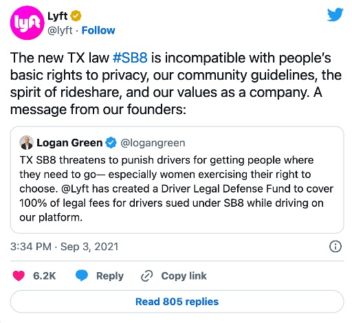 Lyft tweets about their plans to cover any legal fees their drivers face as a result of SB-8