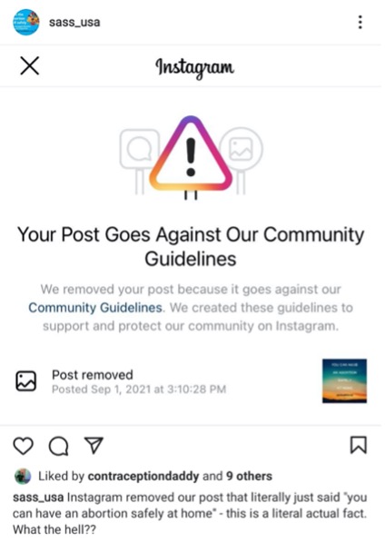 Instagram user @Sass_usa posts a screenshot of Instagram taking down their post that said “you can have an abortion safely at home.”