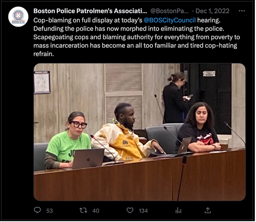 A tweet from the Boston Police Patrolmen’s Association with a picture of community organizers who testified at a public hearing on 12/01/2022 about the police union contract. 