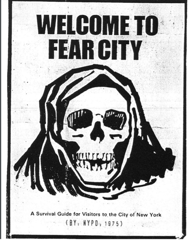 Pamphlet emblazoned with the Grim Reaper, entitled “Welcome to Fear City: A Survival Guide for Visitors to the City of New York.”