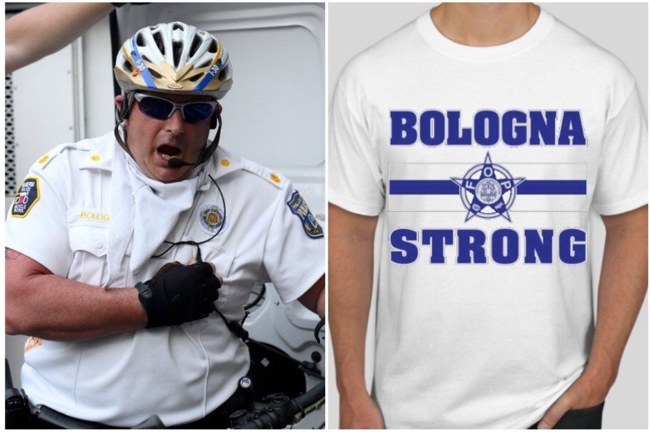 Source: Philly Mag | Left : Joseph Bologna, the Philly cop charged with assaulting a Temple student who was protesting in Philadelphia (Image via Getty) | Right: A mockup of a T-shirt that the Philly police union sold in support of Joseph Bologna (via FOP Lodge 5)