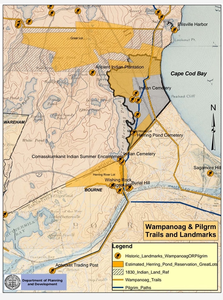 Map of Cape Cod Bay and southeastern Massachusetts that marks Wampanoag trails and historic landmarks.