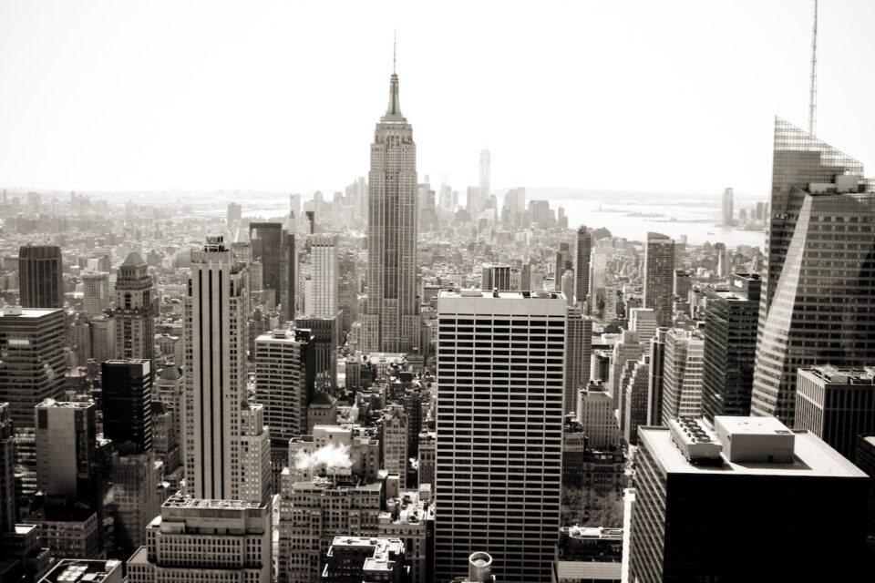 A sepia toned aerial shot of the New York City skyline.