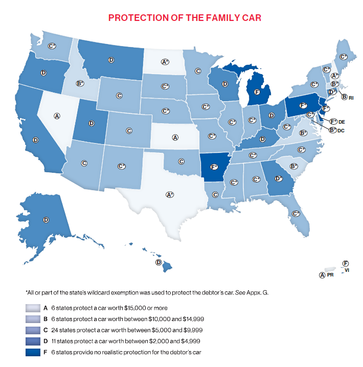 Map shows most states protect cars from seizure that have very little value.