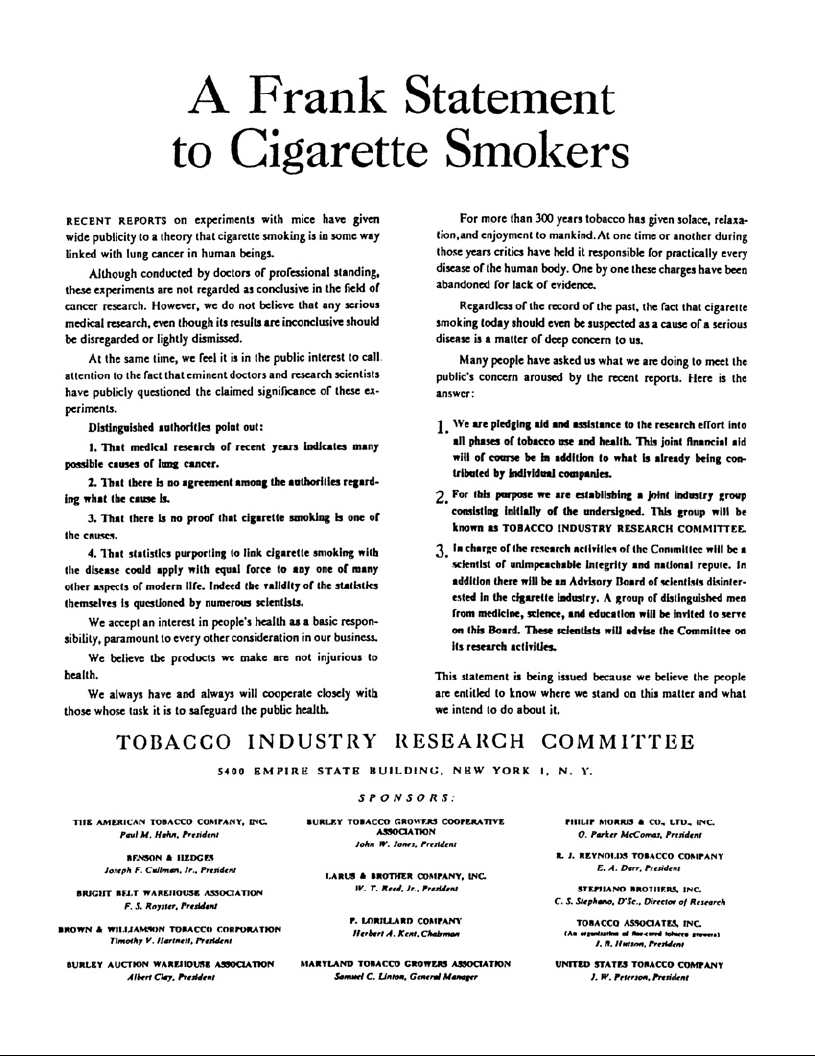 Advertisement published in response to evidence that smoking causes lung cancer