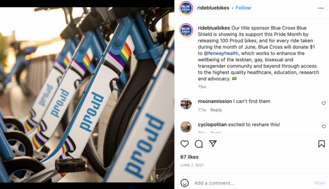 The screenshot features a post on the Bluebikes Instagram account showing several Pride-themed Bluebikes, adorned with rainbows and the word “Proud” on the bike’s body.