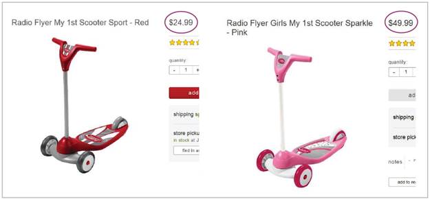 One red scooter listed for $24.99 and one pink scooter listed for $49.99