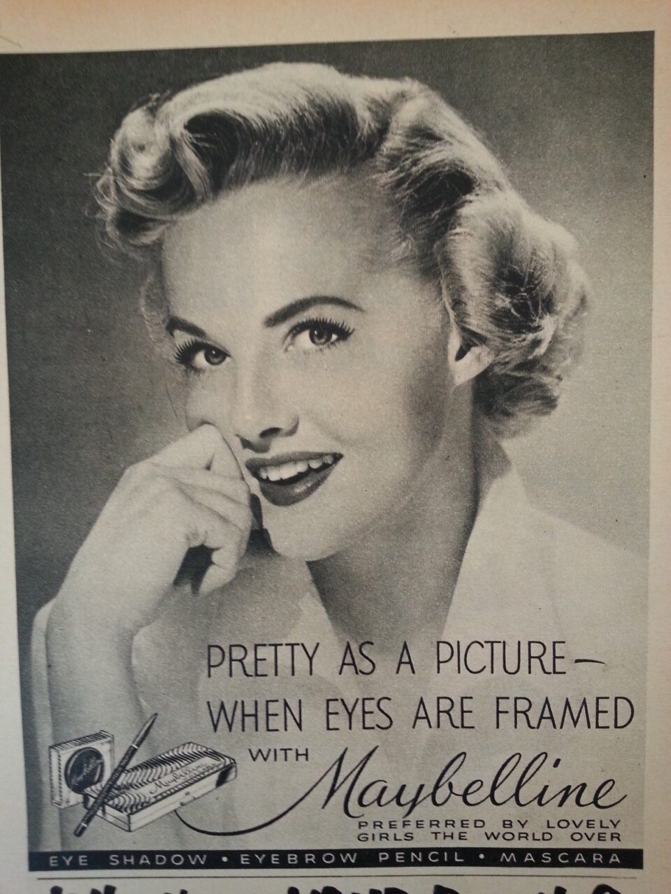 Old Maybelline ad stating ‘Pretty as a Picture—When eyes are framed with Maybelline”