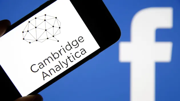 Photo of a cellphone displaying the text “Cambridge Analytica” with Facebook’s logo in the background