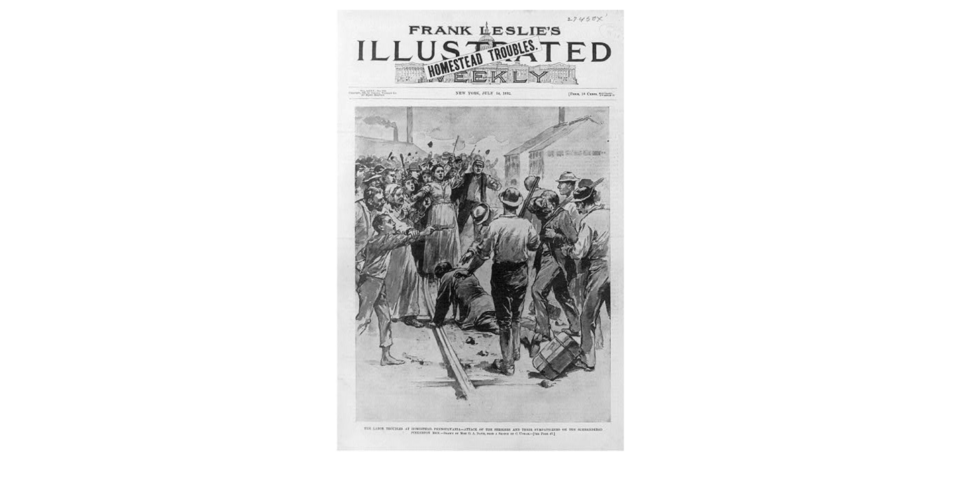 A weekly newsletter depicting a seemingly violent interaction between the Pinkerton security guards Carnegie Steel hired and the striking workers.