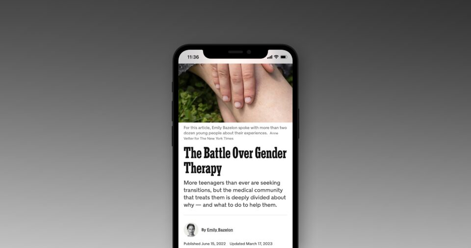 iPhone displays New York Times article “Battle Over Gender Therapy.”