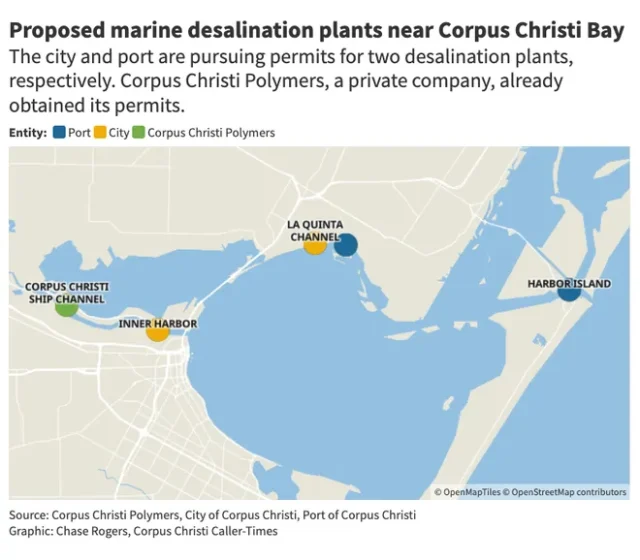 A map of Corpus Christi Bay showing the proposed desal plant sites 