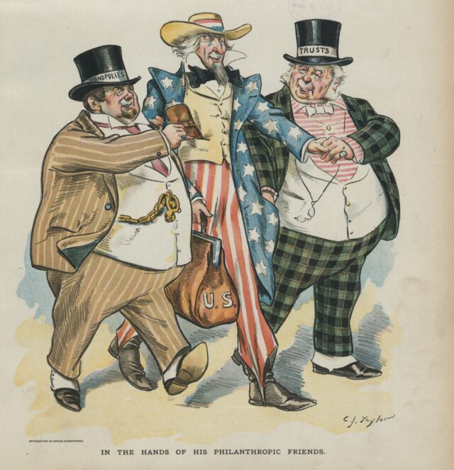 Political Cartoon - Uncle Sam being walked off by Tycoons