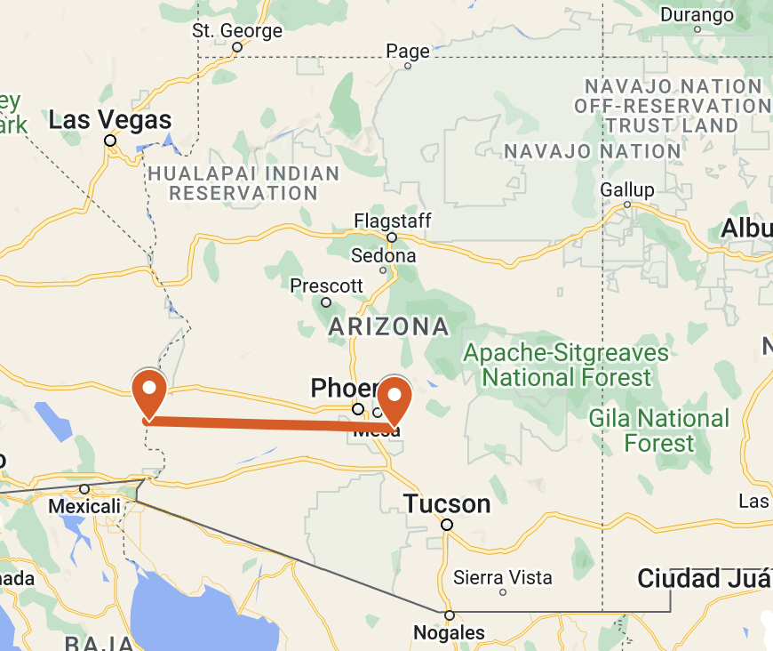 Google Map showing 175 mile distance between Cibola, AZ and Queen Creek, AZ 