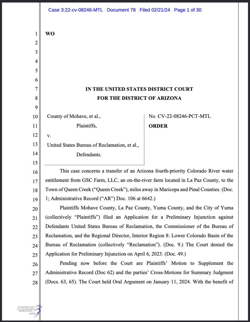 A screenshot of a recent court order in County of Mohave v. United States Bureau of Reclamation