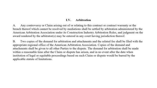 An example of an arbitration clause that might be found within a contract. 