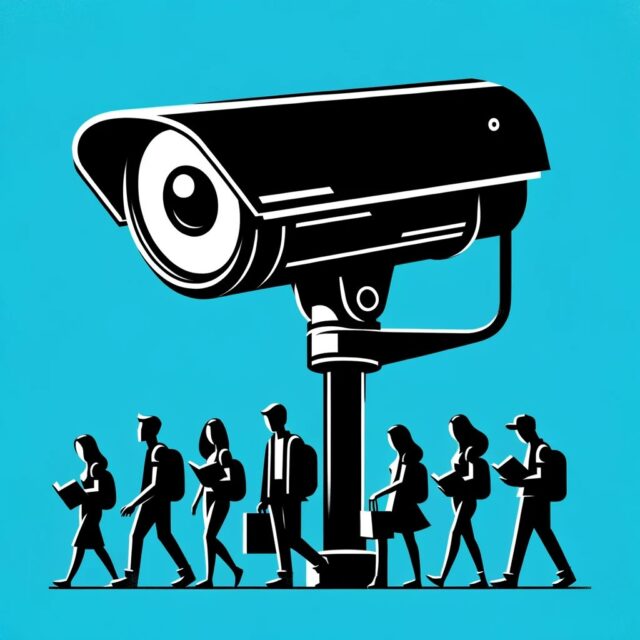 A surveillance camera with an eye on its lens towering over a group of students against a blue backdrop.