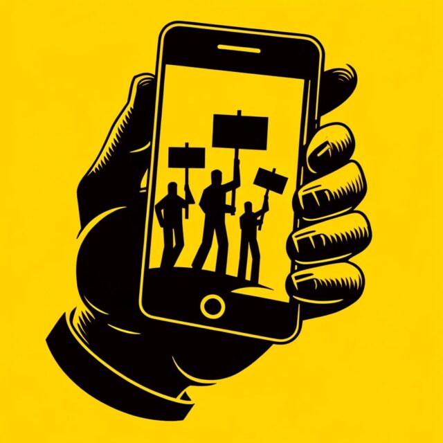 A hand holding a smartphone that has images of protesters on it against a yellow backdrop.