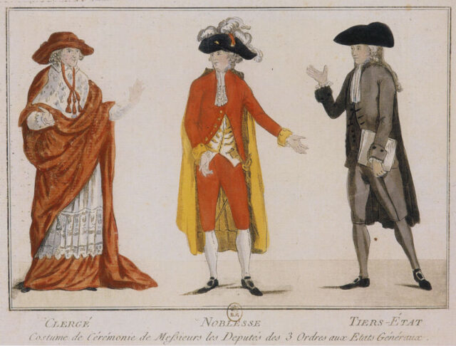 Depictions of the traditional dressings for members of the French clergy, nobility, and third estate, each dressed in various combinations of wigs, stockings, heeled shoes, and capes.