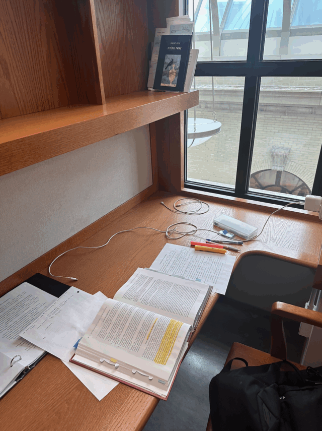 A photo of a desk with law books