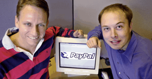 Peter Thiel and a balding Elon Musk pose with a computer displaying a “PayPal” logo between them.