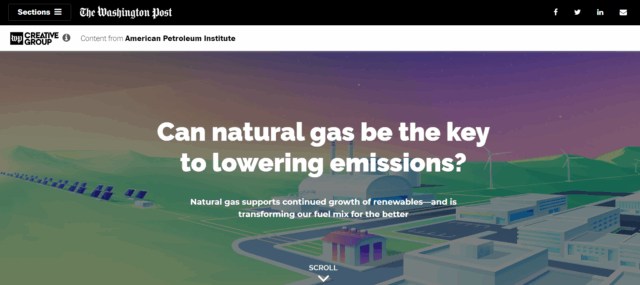 A message from the American Petroleum Institute saying that natural gas supports continued growth of renewables, disguised as a news article on the Washington Post