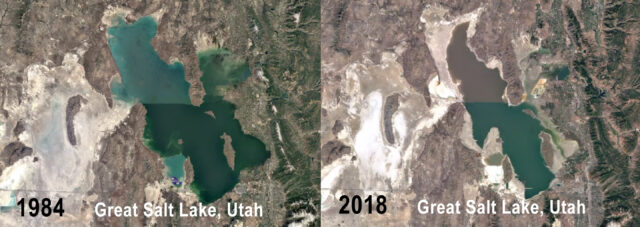 A visual comparison of the Great Salt Lake in 1984 and 2018.
