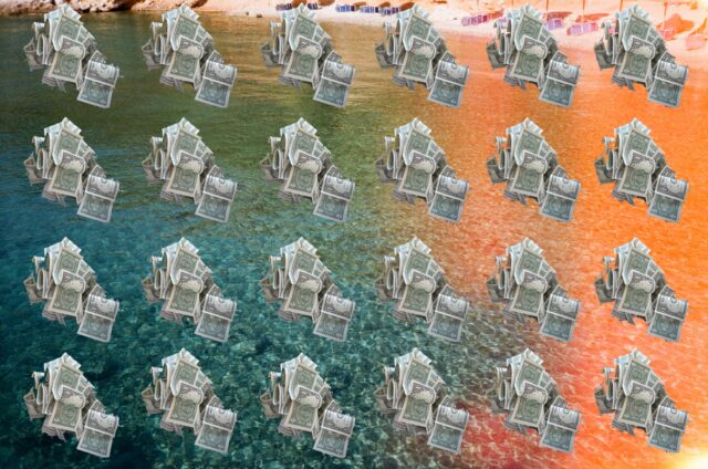 Many small piles of cash are overlaid onto a film photograph of ocean water reflecting light in various colors.
