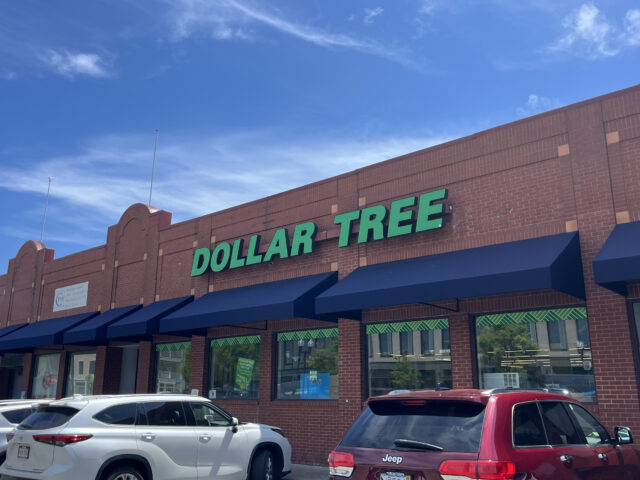 A photo shows the front door of a Dollar Tree with green logo