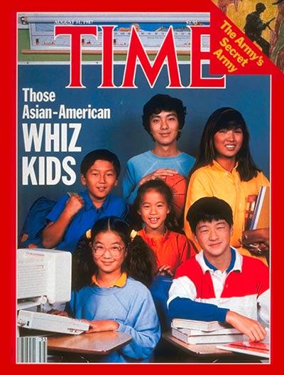 A Time Magazine cover featuring six Asian children with the caption “Those Asian-American Whiz Kids.”