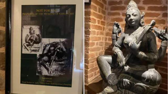 Photos from the Museum of Stolen Art in Nepal, including a replicated statue of a deity that is missing from Nepal and a framed description of the statue beside it. 