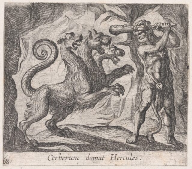 Cerberus being attacked by Hercules.