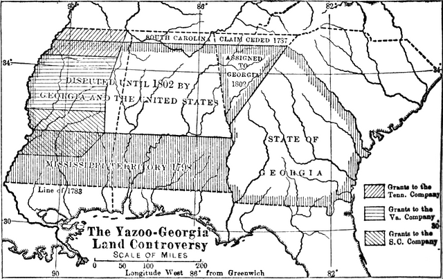 A black and white map of the southeastern United States in the early 19th century. Almost the entirety of Mississippi and parts of Arkansas are shaded in the map, representing land sold to various land companies in the 1790s.
