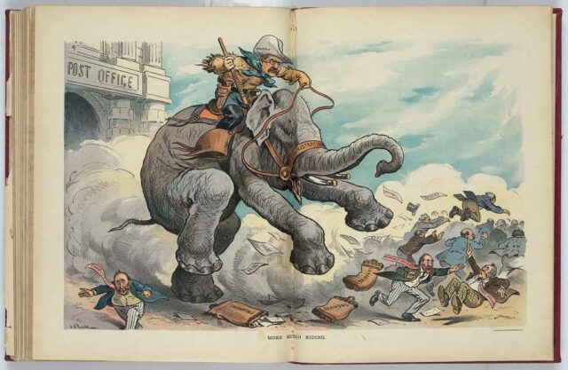 A political cartoon of Teddy Roosevelt riding an elephant with a harness labeled “administration.” The elephant is trampling over people and mailbags with the labels “corruption,” “scandal,” and “bribery.”