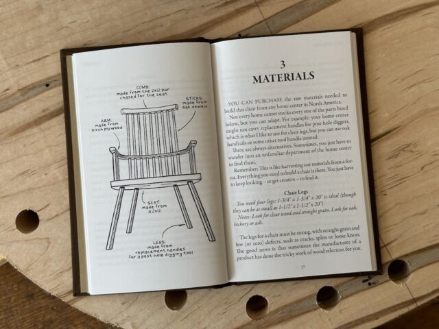 Open book with a drawing of a chair and text.