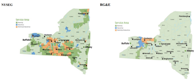 Side-by-side maps of New York State showing NYSEG and RG&E’s respective service territories.