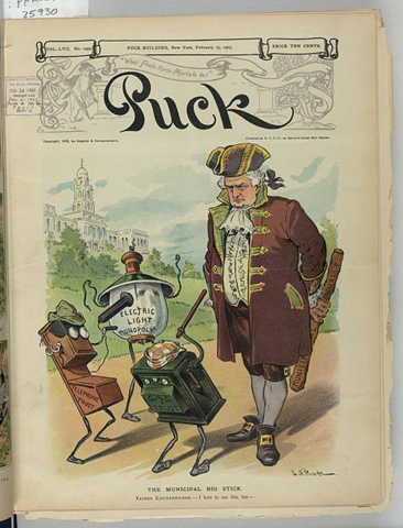 Illustration shows Father Knickerbocker, a symbolic figure for New York City, holding a large stick labeled "Municipal Ownership" at his side, confronting three animated figures labeled "Electric Light Monopoly, Telephone Trust, [and] Gas Trust".