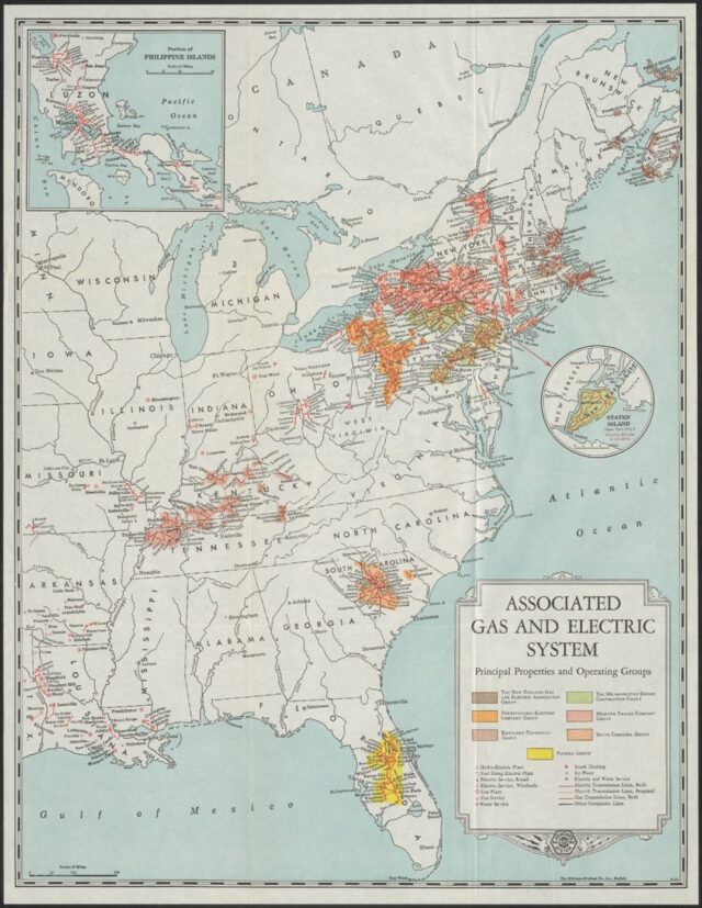 Weathered-looking map showing the locations of the company's gas and electric plants and other services and operations, along with relevant transmission facilities, across the eastern United States and Canada.