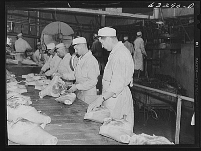 Slaughterhouse workers stand in a line and process meat on a conveyor belt.