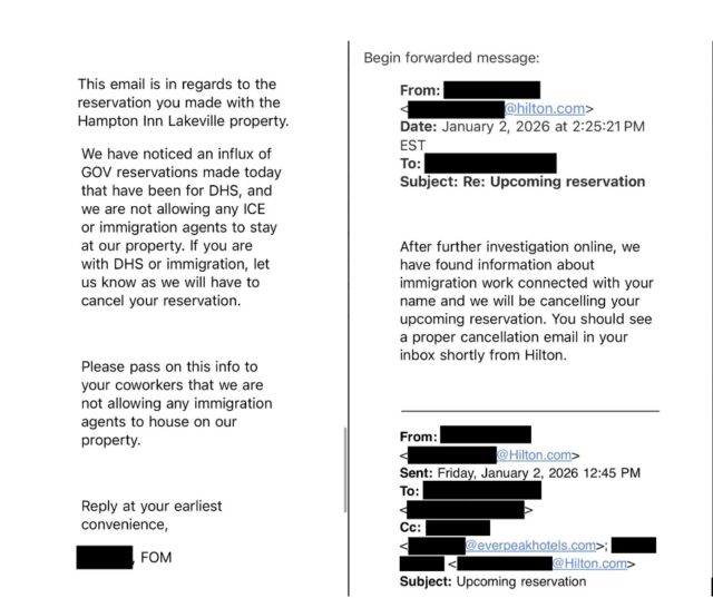 Screenshots of the emails sent to DHS from Hilton addressing the reservation cancellations.